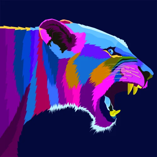 A stylised lion head with mouth open, painted in vibrant neon stripes of magenta, cyan, yellow and purple on a dark navy background.