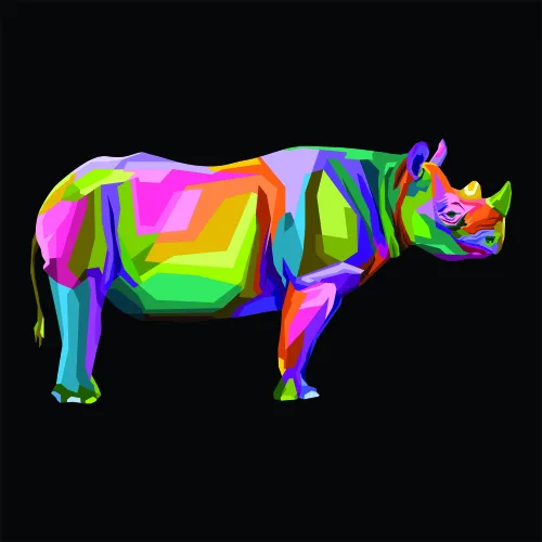 An abstract pop art cow depicted in profile against a black background, with the animal's body divided into geometric blocks of neon pink, yellow, green, teal, blue and purple.