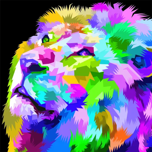 A lion's head rendered in vibrant overlapping brushstrokes of neon pink, electric blue, lime green, yellow and purple against a black background.