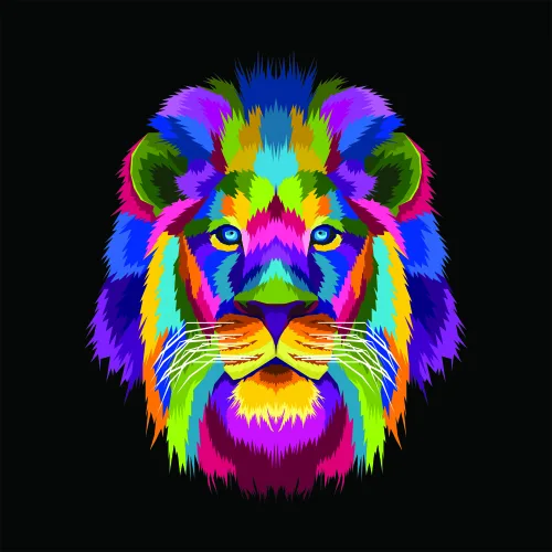 A stylised lion's head against a black background, rendered in vivid neon colours including bright blue, magenta, yellow and lime green throughout the mane and face.