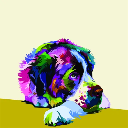 Abstract portrait of a dog with patchwork sections in bright magenta, cyan, lime green, navy and purple against a pale yellow background.