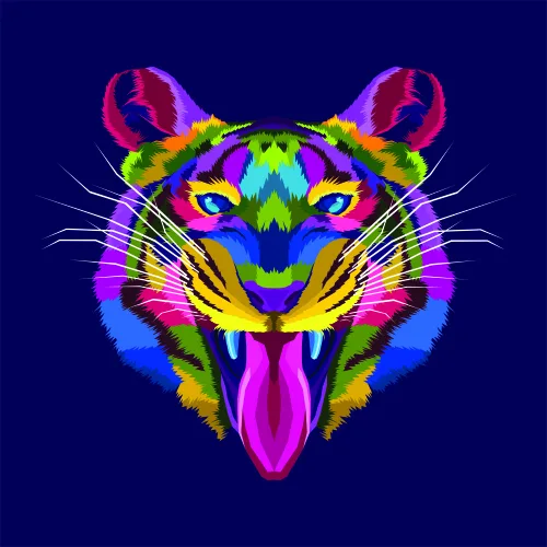 A symmetrical tiger face with bright neon pink, yellow, green, and blue markings against a dark navy background, with its tongue playfully sticking out.