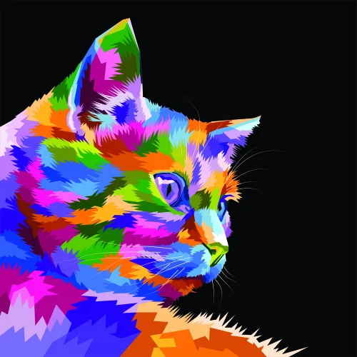 A cat's head rendered in vibrant blocks of neon colour including magenta, lime green, orange, blue and purple against a black background.