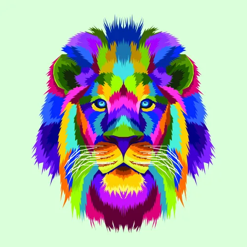 A stylised lion head with neon-bright fur in rainbow colours including magenta, blue, yellow and green, set against a pale green background.