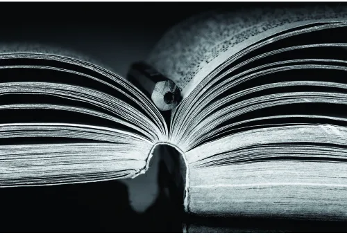 A silhouetted figure sits reading an open book against a dark background, with pages visible in sharp detail.