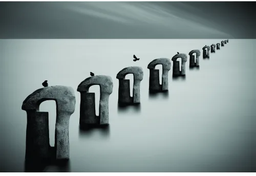 A black and white photograph showing a receding line of weathered stone pillars disappearing into fog, with a small bird perched on the top of each post.