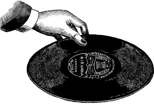 Black and white line art illustration of a hand in a shirt cuff lowering a vinyl record onto a spinning turntable.