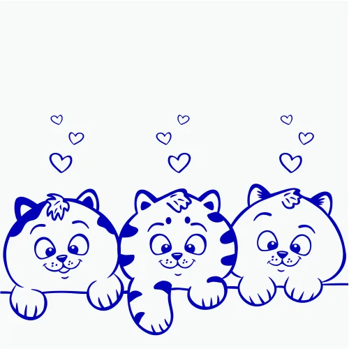 Line drawing of three blue cats sitting in a row with small hearts floating above each one against a white background.