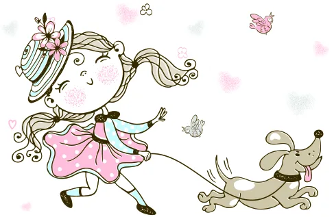 Line illustration of a joyful girl with curly blonde hair in a pink dress playing with a brown and cream dog jumping beside her, with butterflies scattered around.