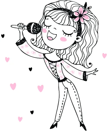 Line drawing of a smiling girl with long wavy hair and a pink flower in her hair, holding a microphone and striking a joyful pose, surrounded by scattered hearts in black and pink.