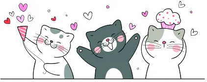 An illustration of three cartoon cats with raised paws surrounded by pink hearts and confetti against a white background.