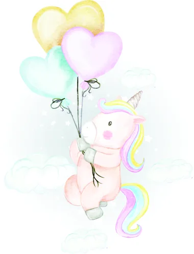 A watercolour-style illustration of a pink unicorn with a rainbow mane holding three pastel heart-shaped balloons among soft clouds.