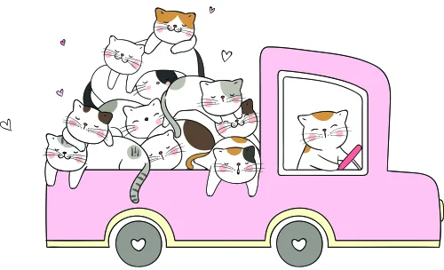 Illustration of multiple playful cats climbing in and around a bright pink truck with grey wheels and heart details.
