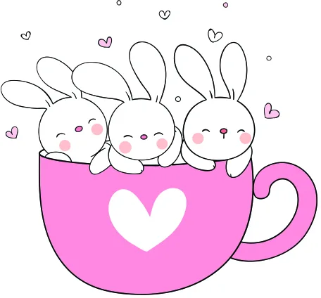 Three cartoon bunnies with closed happy eyes sit together in a large pink teacup with a white heart on its side, with small pink hearts floating around them.