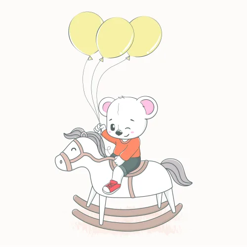 Illustration of a small white mouse with pink ears, wearing an orange shirt, sitting on a white and brown wooden rocking horse and holding three yellow balloons on strings.