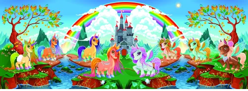 Illustration of colourful cartoon ponies playing in a landscape with a castle, rainbow, trees, and stream.