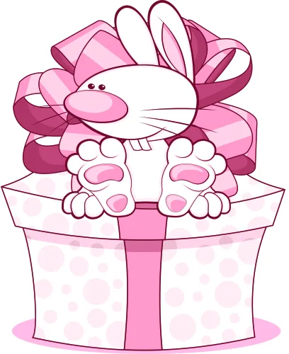 An illustration of a smiling white rabbit with pink bow ears peeking out of a pink and white polka-dot gift box.