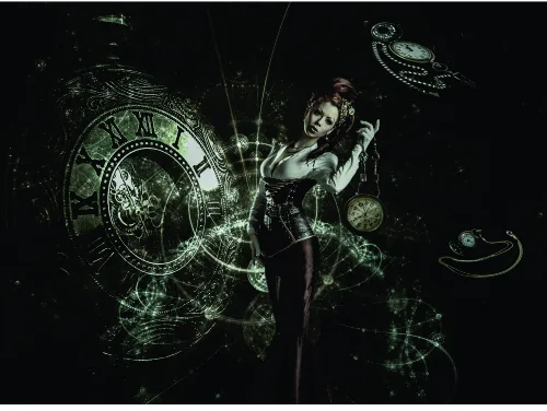 An illustrated figure surrounded by intricate mechanical gears, celestial spheres, and swirling green light effects against a black background.