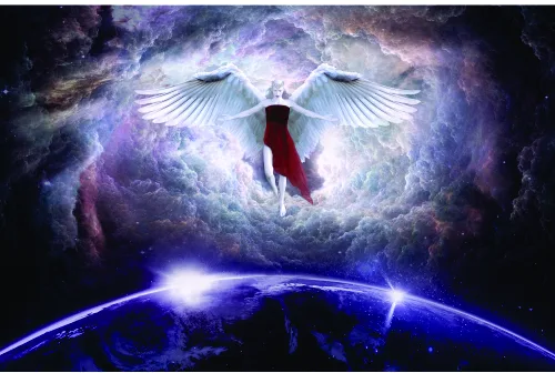 A digital illustration of a figure with large white wings hovering above a glowing blue planet, surrounded by purple and white cosmic clouds and light.