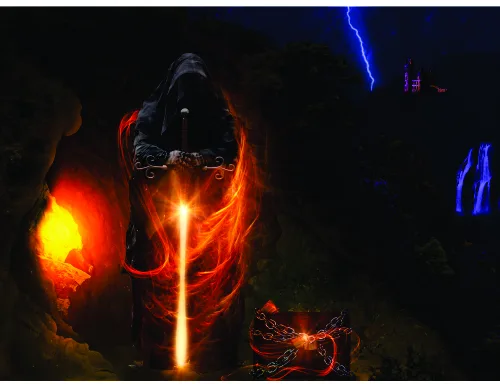 A silhouetted human figure surrounded by swirling flames in orange and red, with blue lightning bolts crackling in the dark background.