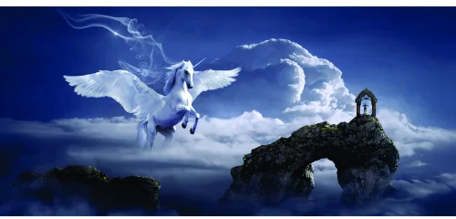 A white-winged angelic figure flies through a luminous blue sky filled with white clouds, with a dark rocky island and tower visible in the distance below.