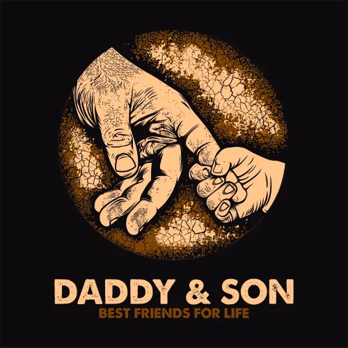 Illustration of a man's and boy's hands cradling a tree sapling against a textured gold circle on black background, with text reading 'Daddy and Son Best Friends for Life'.