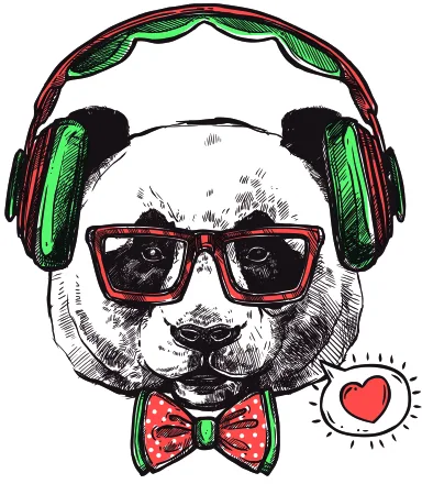 Illustration of a panda wearing green and red headphones, red-framed glasses, a red and green bow tie, with a small red heart beside its head.