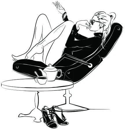 Black and white line drawing of a woman reclining in a modern chair with her feet up, holding a coffee cup, with her shoes on the floor below.