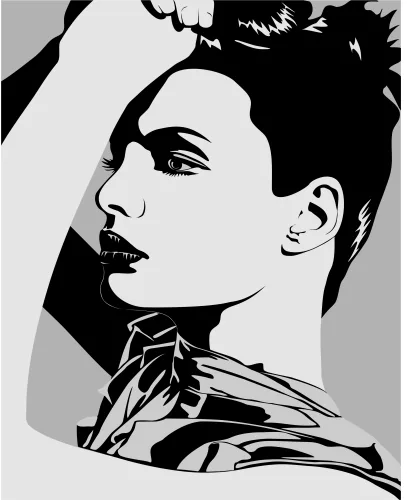 A monochrome pop art portrait of a woman shown in profile, rendered in bold black and white with graphic silhouettes and strong line work against a grey background.