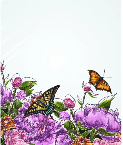 A botanical illustration of two swallowtail butterflies among pink and purple peonies with green leaves, arranged in a corner composition against a white background.