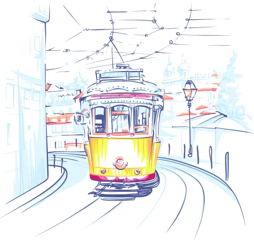 A colourful line illustration of a yellow and red vintage tram on curved tracks, with overhead electrical wires and a city street backdrop in soft blue and cream tones.