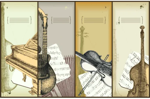 Illustration of a piano, acoustic guitar, violin, and cello arranged vertically with white sheet music pages scattered across cream and gold backgrounds.