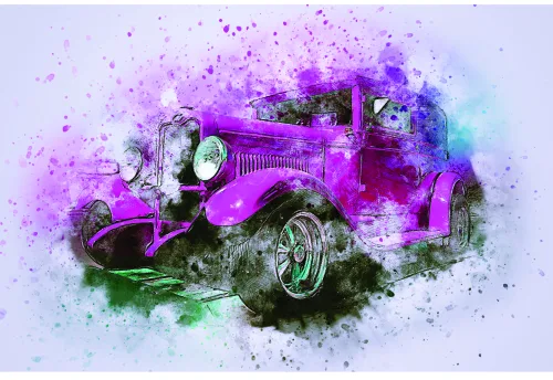 A watercolour illustration of a vintage car rendered in magenta and purple, surrounded by splashes and drips of colour fading to white background.