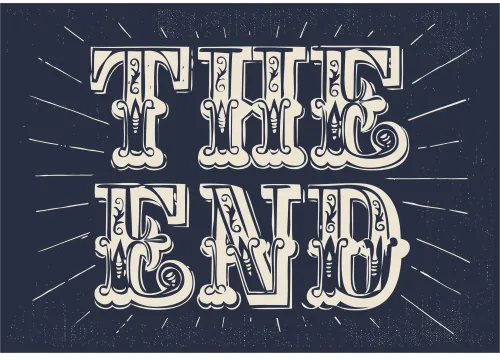 Ornate cream-coloured vintage lettering spelling 'The End' with radiating sunburst lines on a dark navy background.