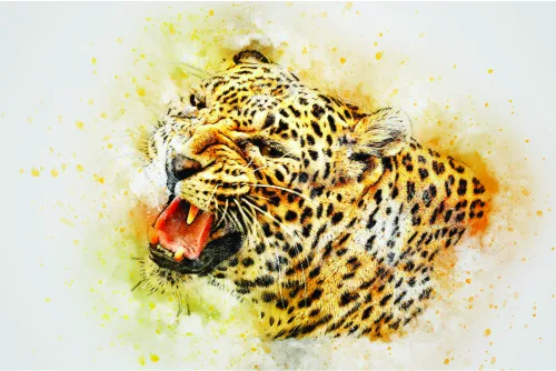 Watercolour painting of a roaring leopard with spotted coat in shades of gold and yellow, with paint splatters radiating outward against a cream background.