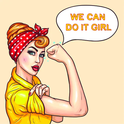 Pop art illustration of a woman in a yellow shirt and red polka-dot headscarf flexing her bicep, with a speech bubble reading 'We Can Do It Girl' against a cream background.