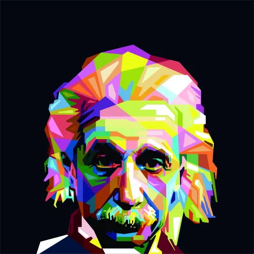 A fragmented pop art portrait of Albert Einstein in vibrant neon colours of yellow, pink, blue, and green against a black background.