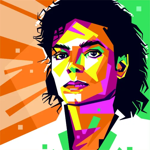 A portrait of a person's face divided into geometric sections filled with bright orange, yellow, magenta, green and black colours.