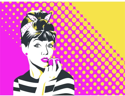 A woman's face with styled hair and headscarf, holding a banana to her mouth, rendered in high-contrast black lines against a halftone gradient of hot pink and yellow.
