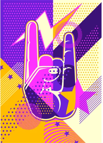 A neon pink and purple pop art style illustration of a peace hand gesture surrounded by geometric shapes, lightning bolt, and halftone dot patterns in yellow, navy and cream.