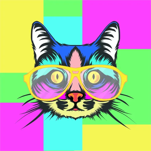A stylised pop art illustration of a cat's face wearing oversized pink sunglasses against a bright multicoloured geometric background of yellow, cyan, magenta and lime squares.