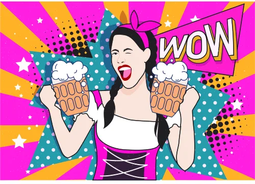 Pop art style illustration of a woman with dark hair holding two beer mugs, mouth open in a shout, surrounded by yellow rays, stars, and polka dots against a bright pink and teal background with a 'WOW' speech bubble.