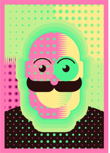 A stylised pop art portrait of a face divided into bright pink and green halves, with exaggerated cartoon eyes and a thick black moustache, wearing a black shirt against a yellow and green dotted background.