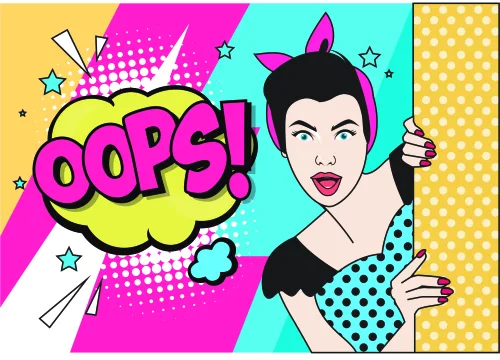 A pop art style illustration of a woman with black hair and bright red lips, next to a large yellow speech bubble saying 'Oops!' surrounded by stars and geometric shapes in magenta, cyan and yellow.