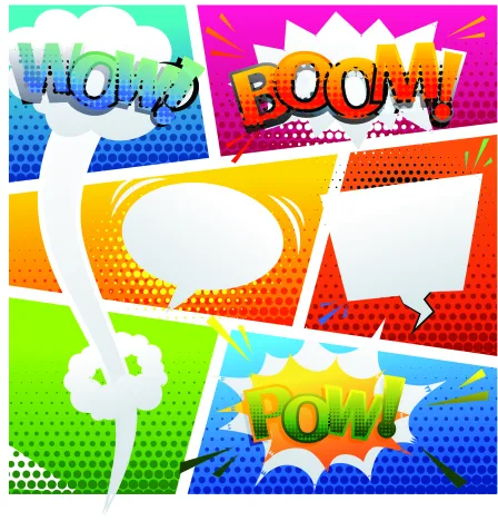 A pop art canvas featuring colourful comic speech bubbles with the words Pow, Boom, and Wow in bold lettered text against bright backgrounds of yellow, pink, orange, blue and green with halftone dot patterns.