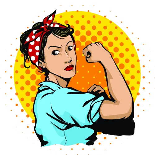 Illustration of a woman with a red polka-dot headscarf and blue work shirt, flexing her bicep against a yellow halftone background with orange accents.