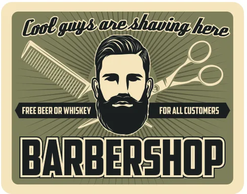 Retro poster showing a bearded man's face with scissors and comb, bold text reading 'Cool guys are having here Barbershop' on a muted green background.