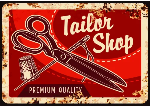 A distressed red and cream retro sign reading 'Tailor Shop Premium Quality' with line-drawn scissors and thimble in the centre.