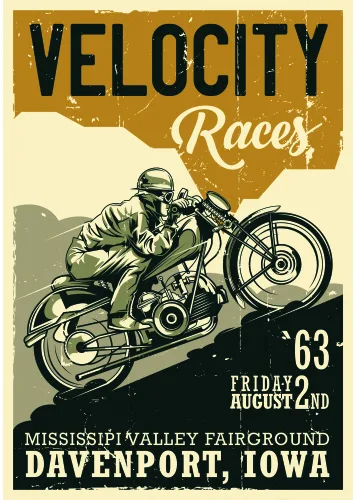 Vintage poster-style illustration of a motorcycle racer leaning into a turn, with bold typography advertising 'Velocity Races' at the Mississippi Valley Fairground in Davenport, Iowa, Friday August 22, 1963.