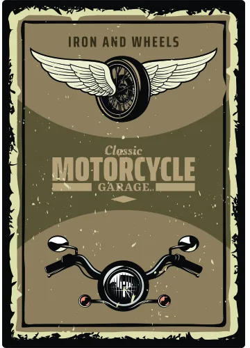 A retro poster featuring a winged motorcycle wheel at the top, handlebars at the bottom, and 'Iron and Wheels Classic Motorcycle Garage' text on a weathered cream and olive background.